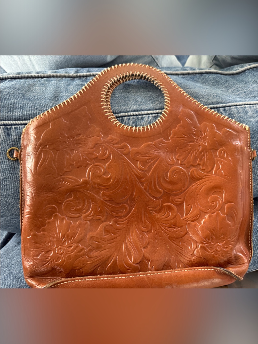 Patricia Nash Tooled Leather Circular-Handle Clutch in Cognac Brown